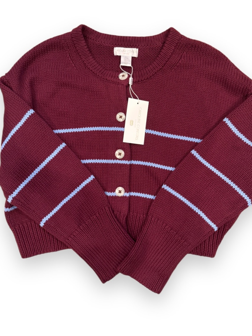NWT Caroline Constas Burgundy Blue Striped Cotton Cardigan Women's Large Preppy - Picture 2 of 6
